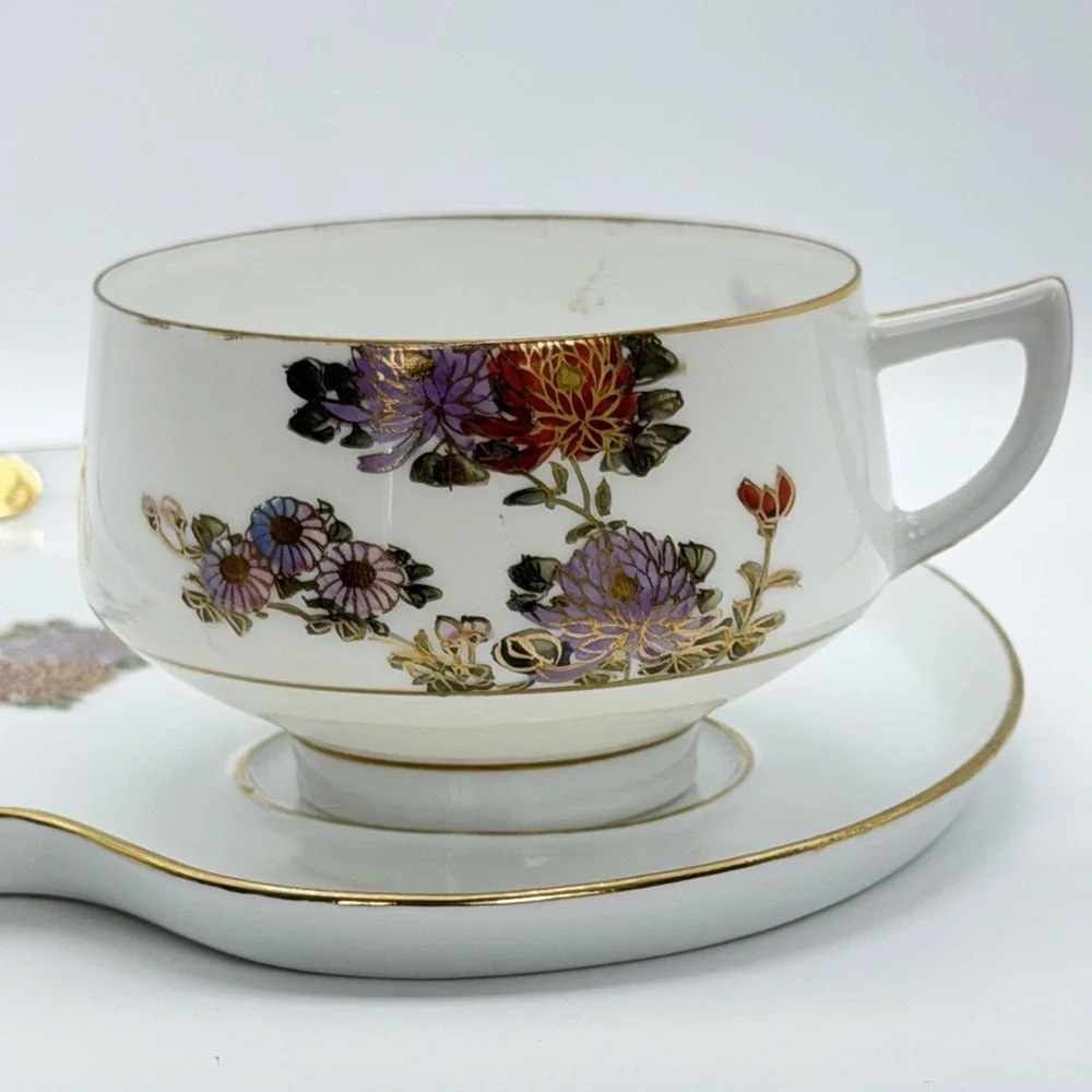 Vintage Kutani Style Kyoto Japan Tea Set 4 Cups Snack Trays Eggshell Gold Floral